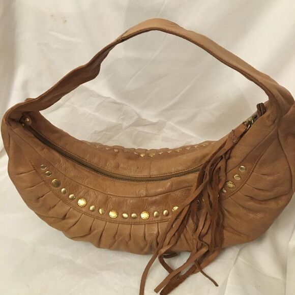 Elliot Lucca tan studded pleated leather hobo bag with tassel - Picture 2 of 13